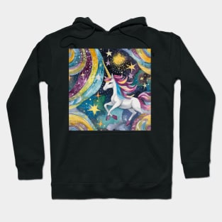 Geometric pattern of curved seamless stripes making a starry night with galaxy, stars and unicorns Hoodie